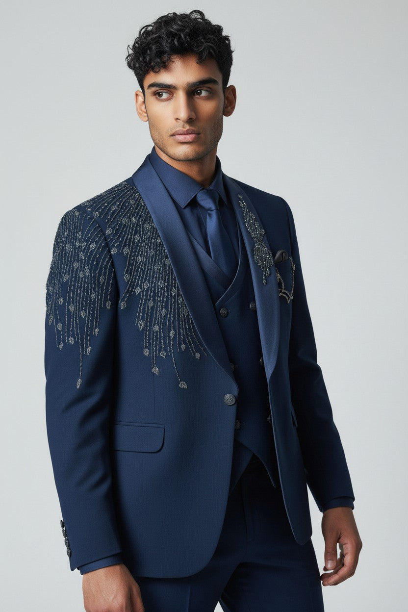 Men’s Navy Embroidered Cascade Tuxedo – Luxury 3-Piece Designer Suit