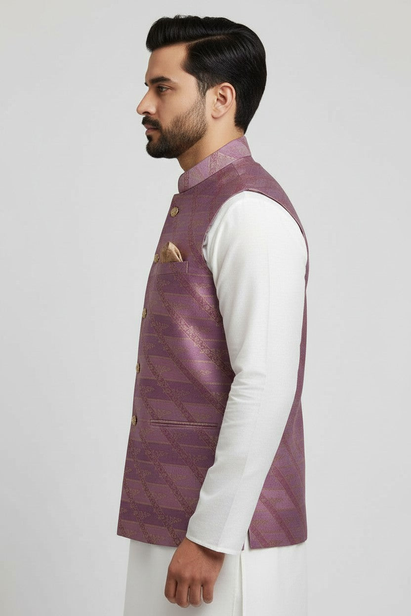 Men’s Mauve Gold Diagonal Brocade Nehru Jacket – Luxe Festive & Wedding Wear