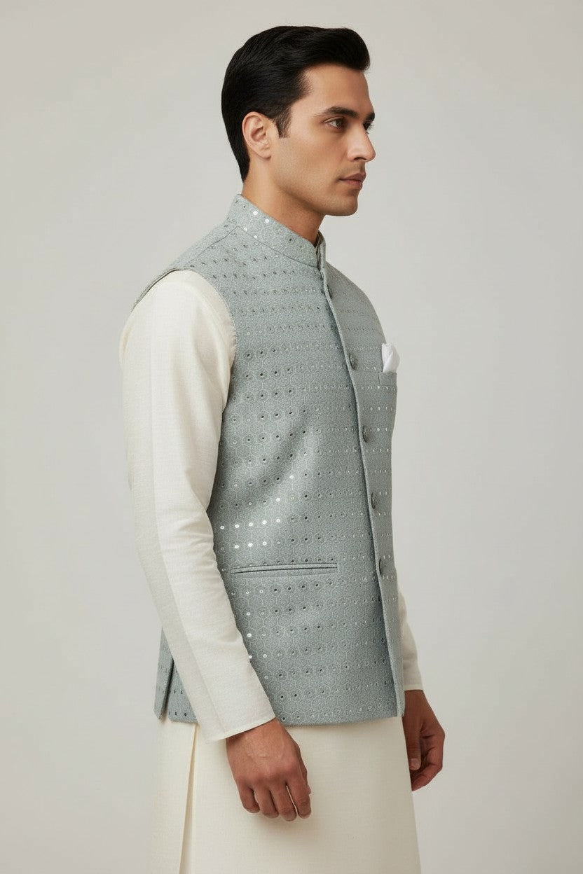 Men’s Sea Green Mirror Work Nehru Jacket – Elegant Wedding & Festive Wear