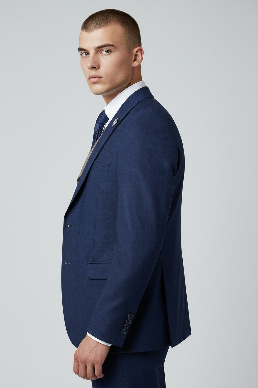 Men’s Royal Blue 3-Piece Suit with Beige Waistcoat – Modern Formal Wear