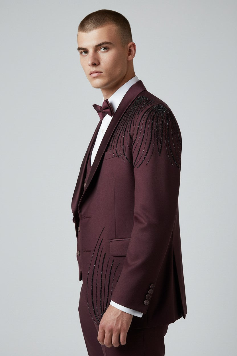 Men’s Maroon Embroidered Tuxedo – Luxury 3-Piece Designer Suit