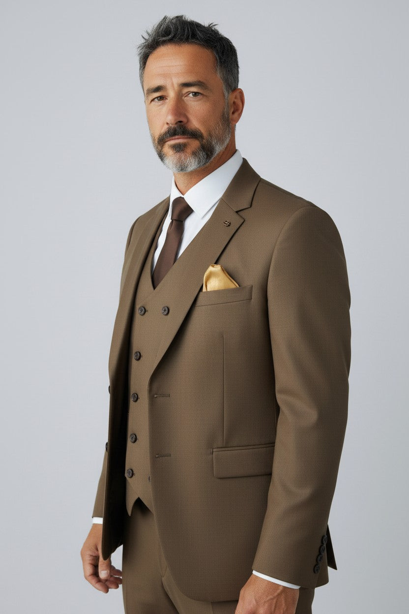Men’s Brown Tailored 3-Piece Suit – Single-Breasted Blazer & Double-Breasted Vest