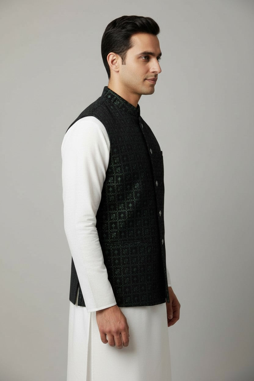 Men’s Dark Green Geometric Embroidered Nehru Jacket – Festive & Wedding Wear