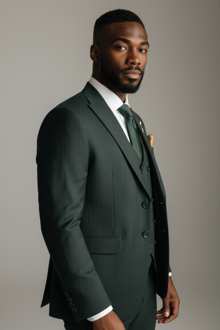 Men’s Forest Green Checkered 3-Piece Suit – Modern Textured Formalwear