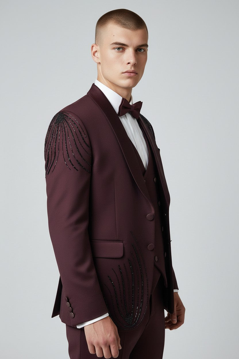 Men’s Maroon Embroidered Tuxedo – Luxury 3-Piece Designer Suit