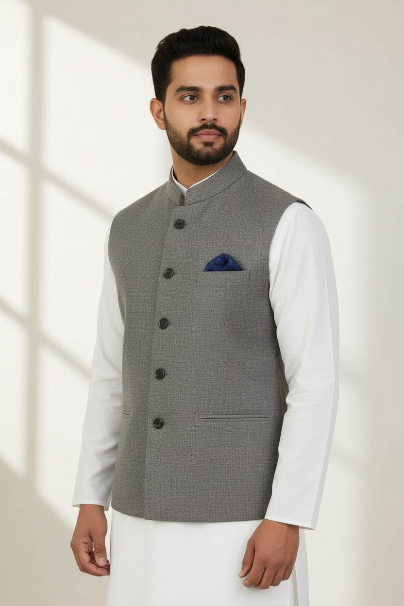 Men’s Charcoal Grey Textured Nehru Jacket – Classic Formal & Ethnic Wear