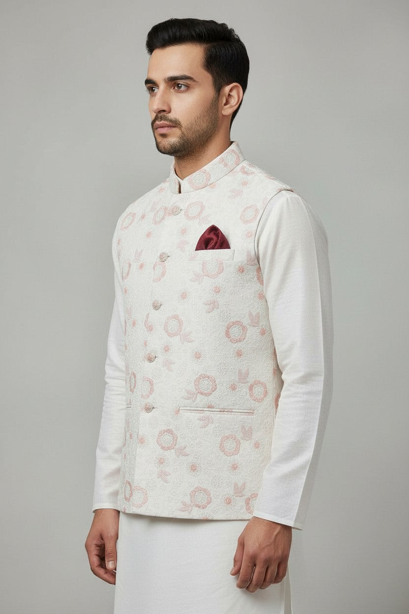 Men’s Ivory Pink Floral Embroidered Nehru Jacket – Soft Pastel Waistcoat