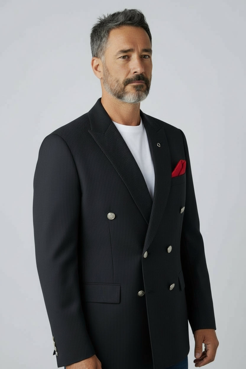 Men’s Black Double-Breasted Pinstripe Blazer – Tailored Formal Jacket