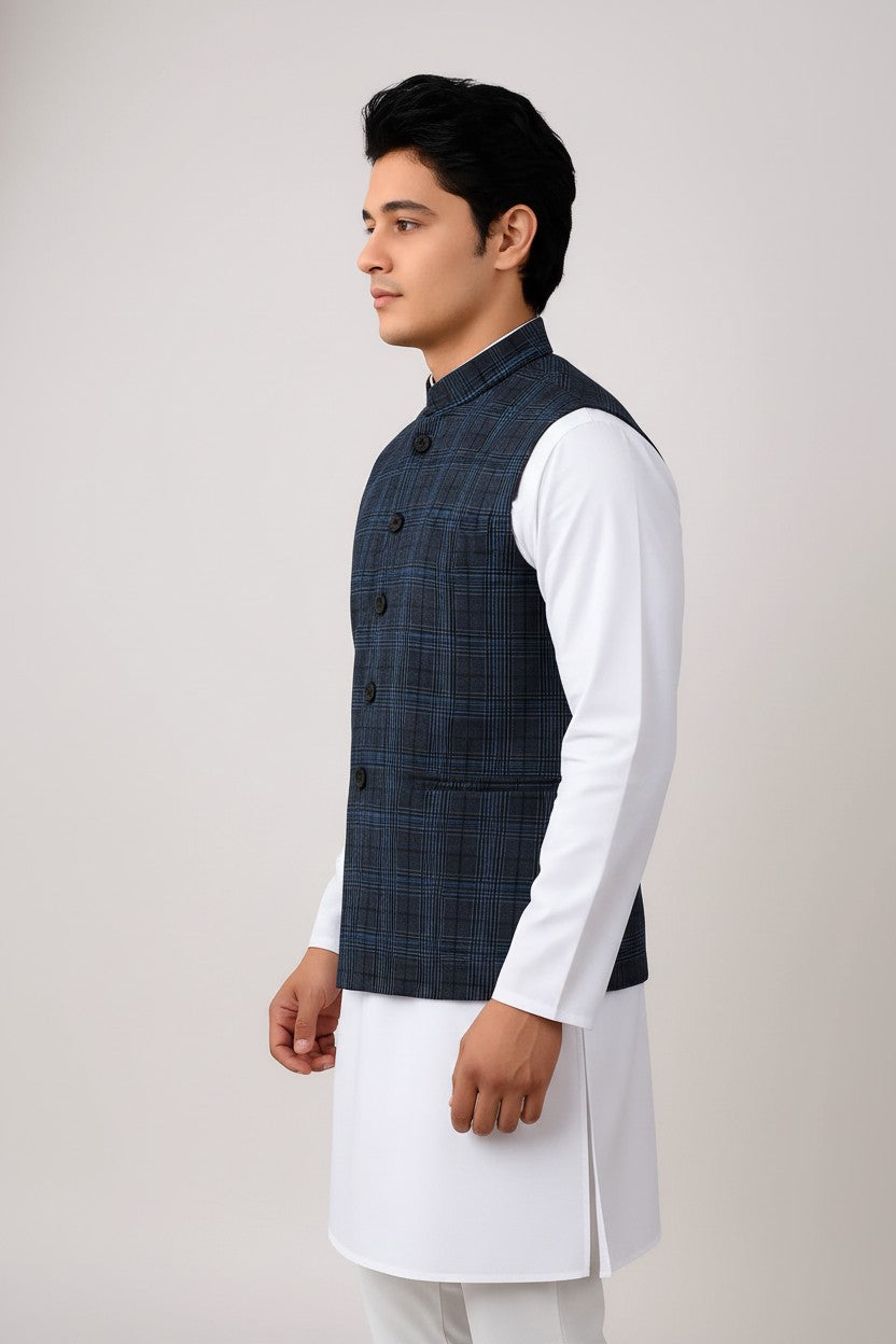 Men’s Navy Checkered Textured Nehru Jacket – Modern Festive & Casual Wear