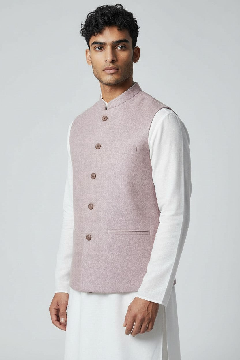 Men’s Pastel Mauve Textured Nehru Jacket – Minimal & Elegant Festive Wear