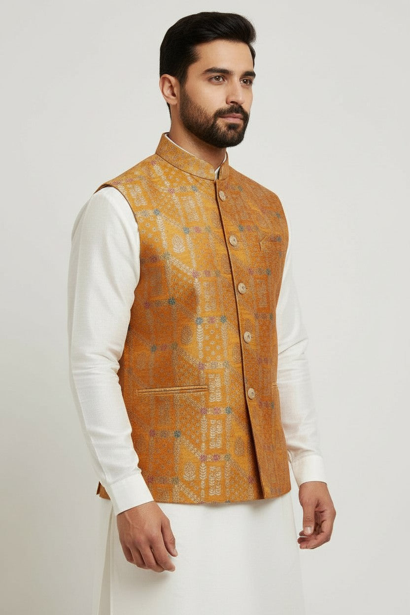 Men’s Mustard Gold Woven Nehru Jacket – Festive Ethnic Waistcoat