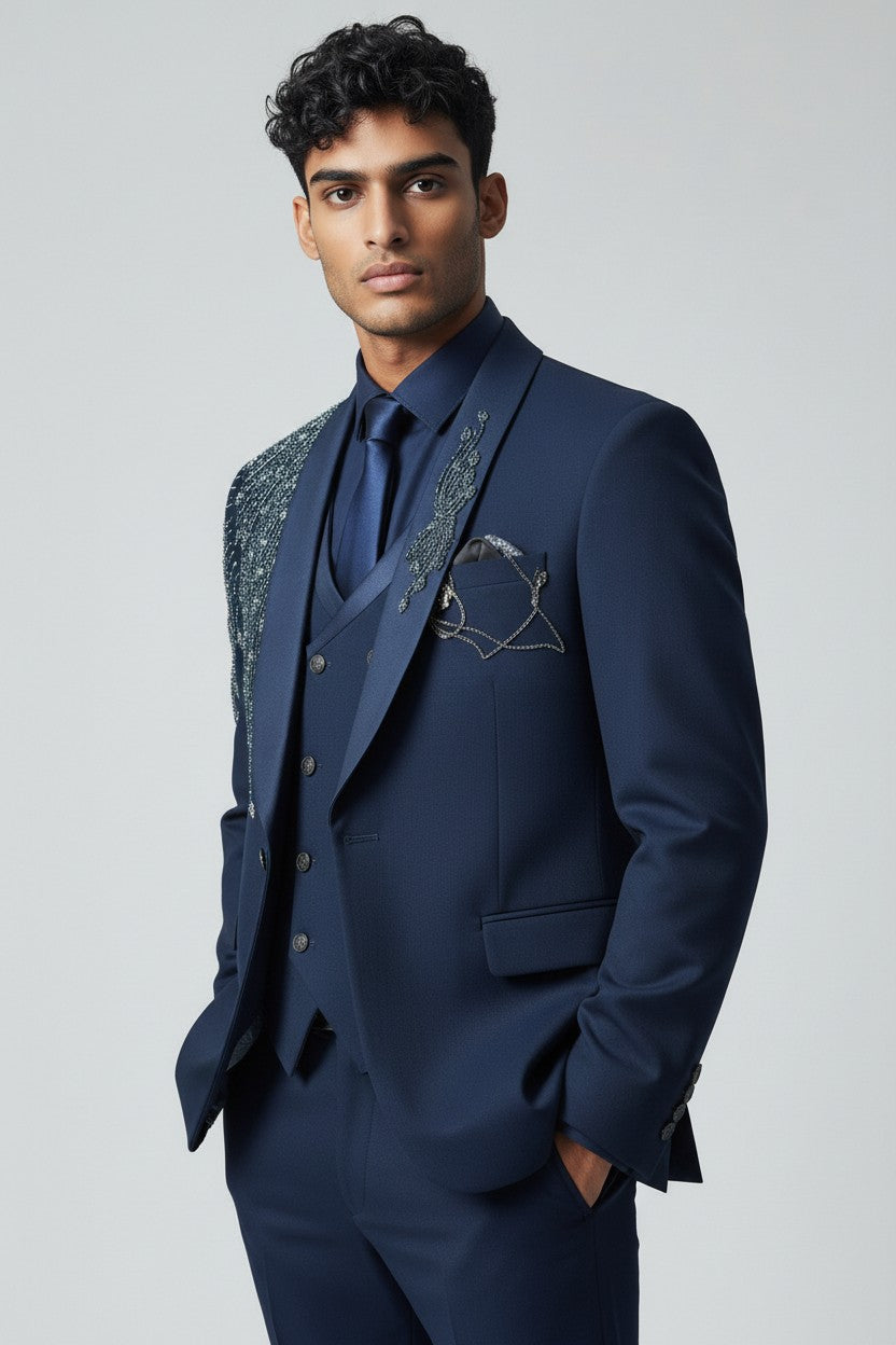 Men’s Navy Embroidered Cascade Tuxedo – Luxury 3-Piece Designer Suit