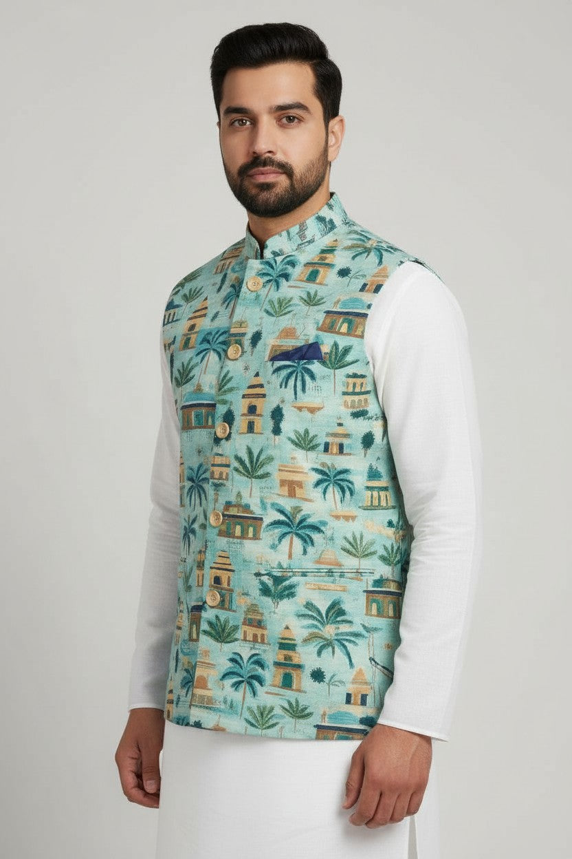 Men’s Aqua Heritage Print Nehru Jacket – Festive & Contemporary Designer Wear