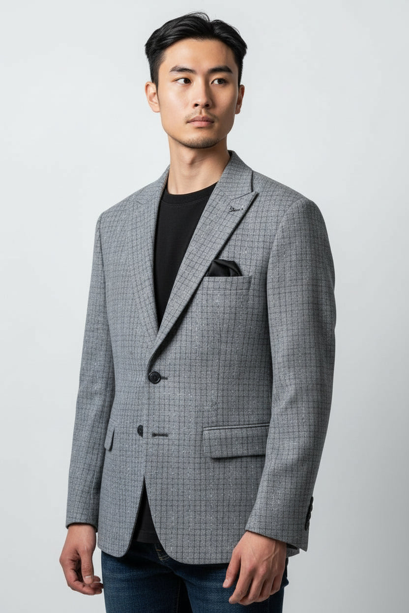 Men’s Grey Textured Check Blazer – Modern Tailored Smart Casual
