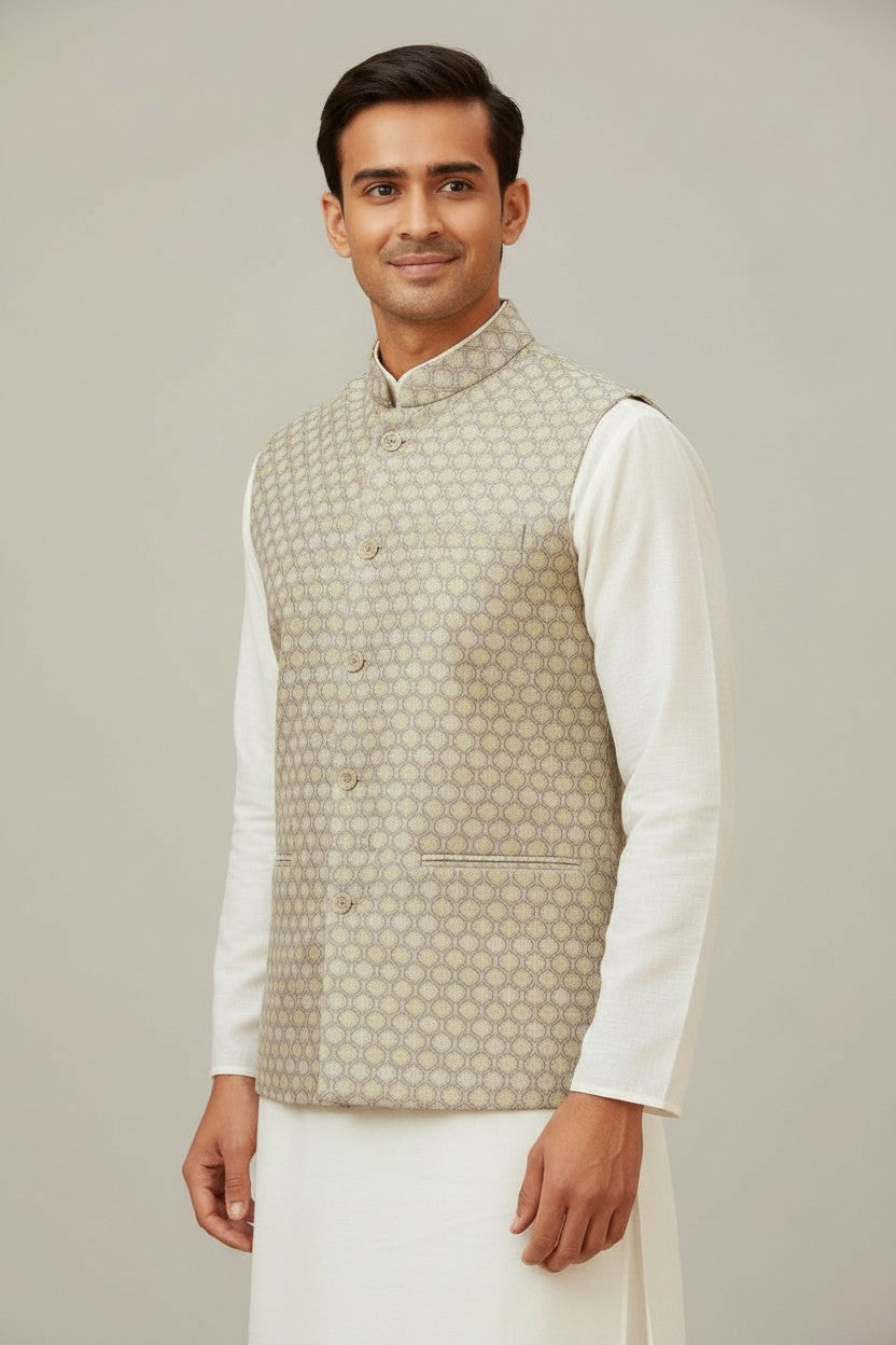 Men’s Beige Textured Jacquard Nehru Jacket – Elegant Festive & Wedding Wear
