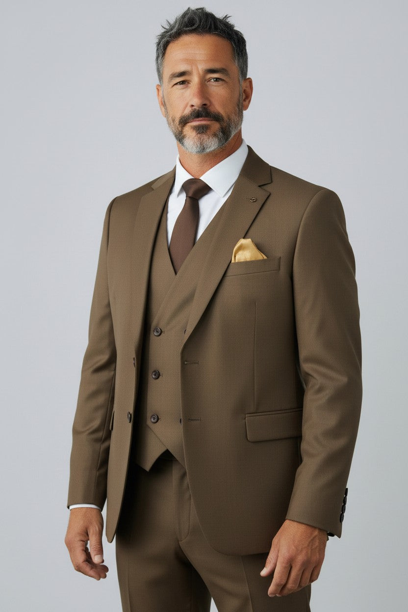 Men’s Brown Tailored 3-Piece Suit – Single-Breasted Blazer & Double-Breasted Vest
