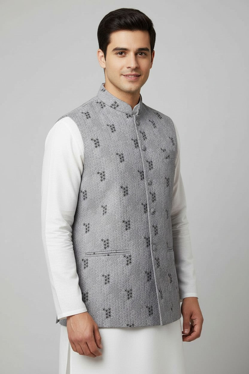 Men’s Light Lavender Textured Embroidered Nehru Jacket – Elegant Festive Wear