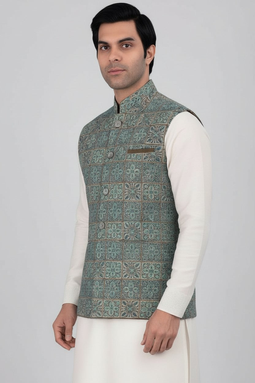Men’s Teal Mosaic Embroidered Nehru Jacket – Designer Festive & Wedding Wear