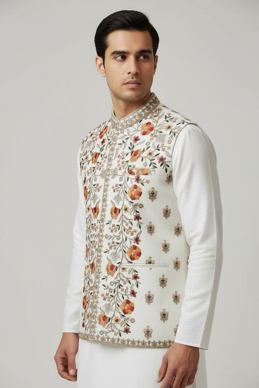 Men’s Ivory Multicolor Floral Embroidered Nehru Jacket – Festive & Wedding Wear