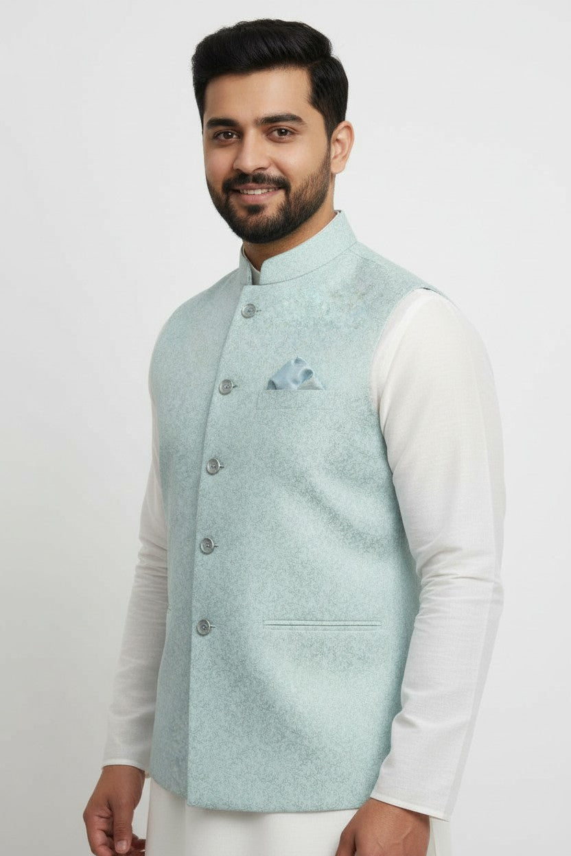 Men’s Sky Blue Jacquard Nehru Jacket – Elegant Festive & Wedding Wear