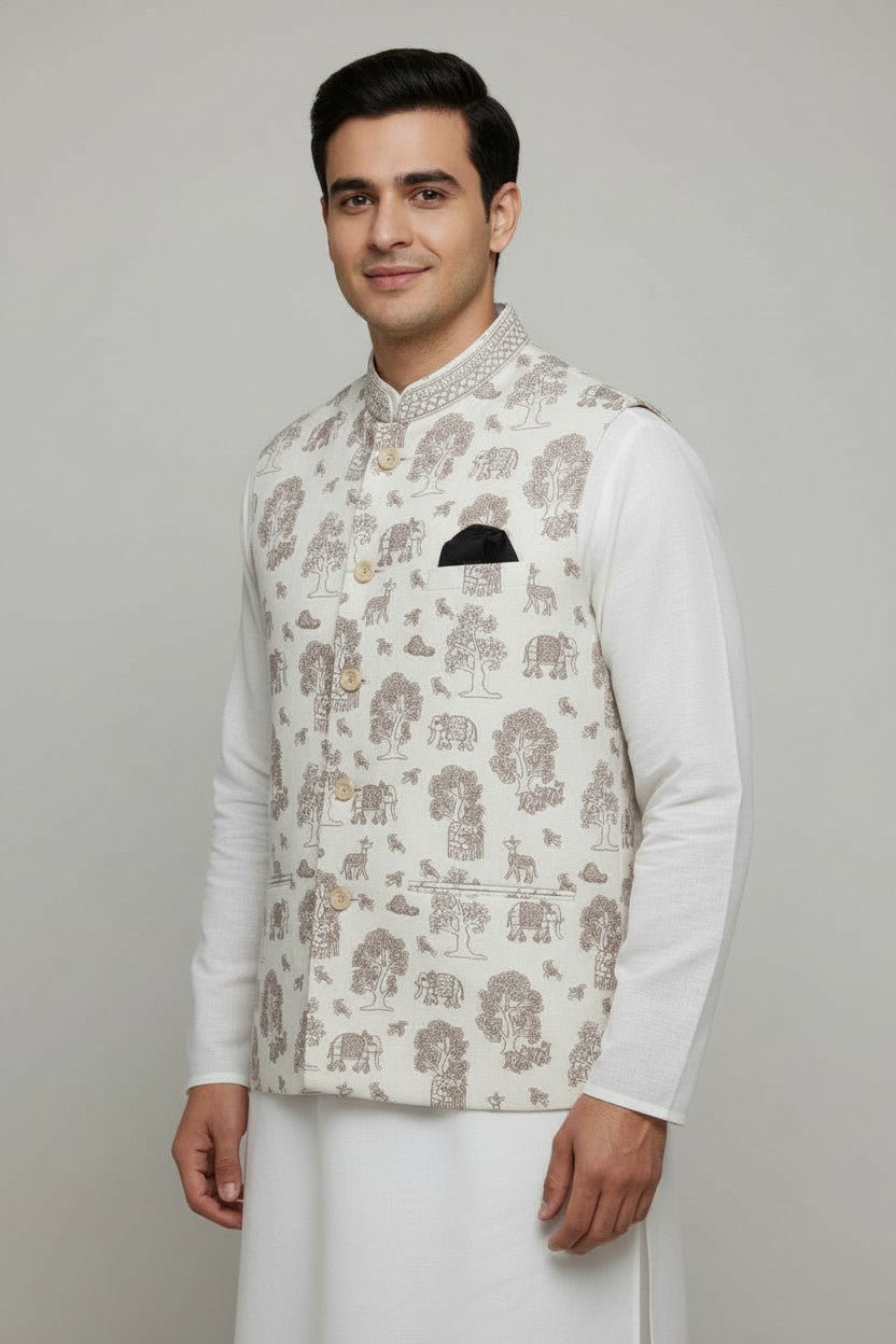 Men’s Cream Wildlife Print Nehru Jacket – Elephant & Forest Motif Waistcoat