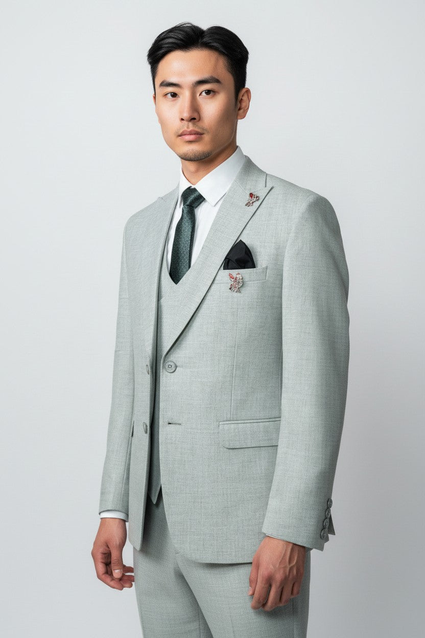 Men’s Light Sage Green 3-Piece Suit – Modern Fit Formal Wear