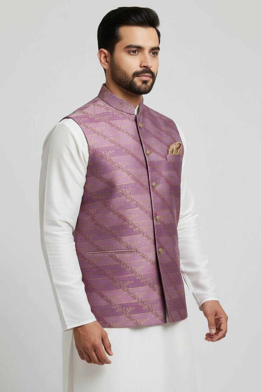 Men’s Mauve Gold Diagonal Brocade Nehru Jacket – Luxe Festive & Wedding Wear