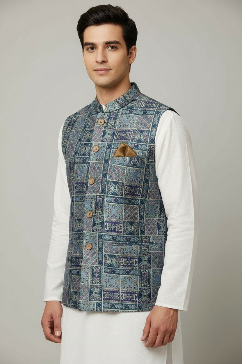 Men’s Blue & Purple Mosaic Nehru Jacket – Artisanal Festive Waistcoat