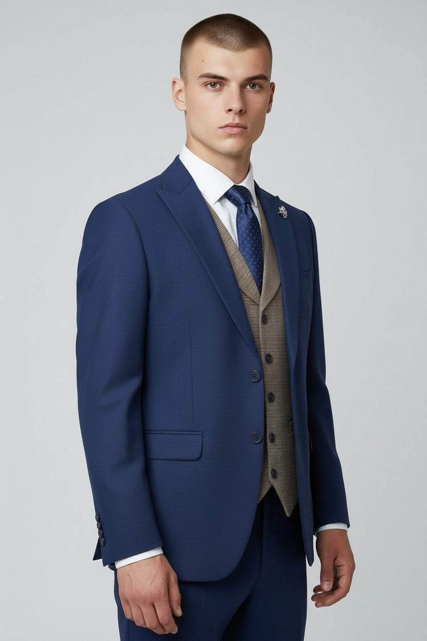 Men’s Royal Blue 3-Piece Suit with Beige Waistcoat – Modern Formal Wear