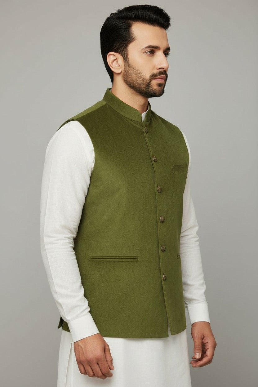 Men’s Olive Green Classic Nehru Jacket – Premium Festive & Wedding Wear