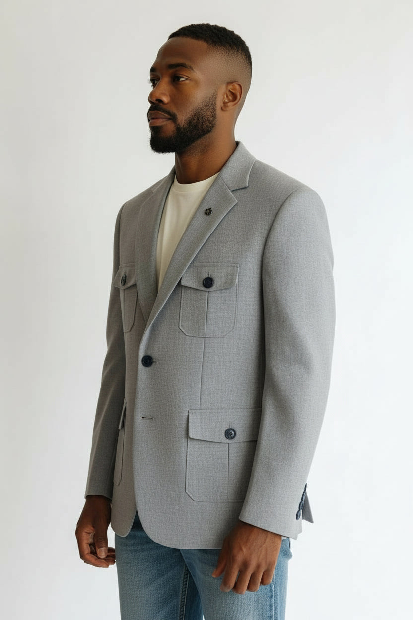Men’s Light Grey Utility Pocket Blazer – Modern Smart Casual Jacket