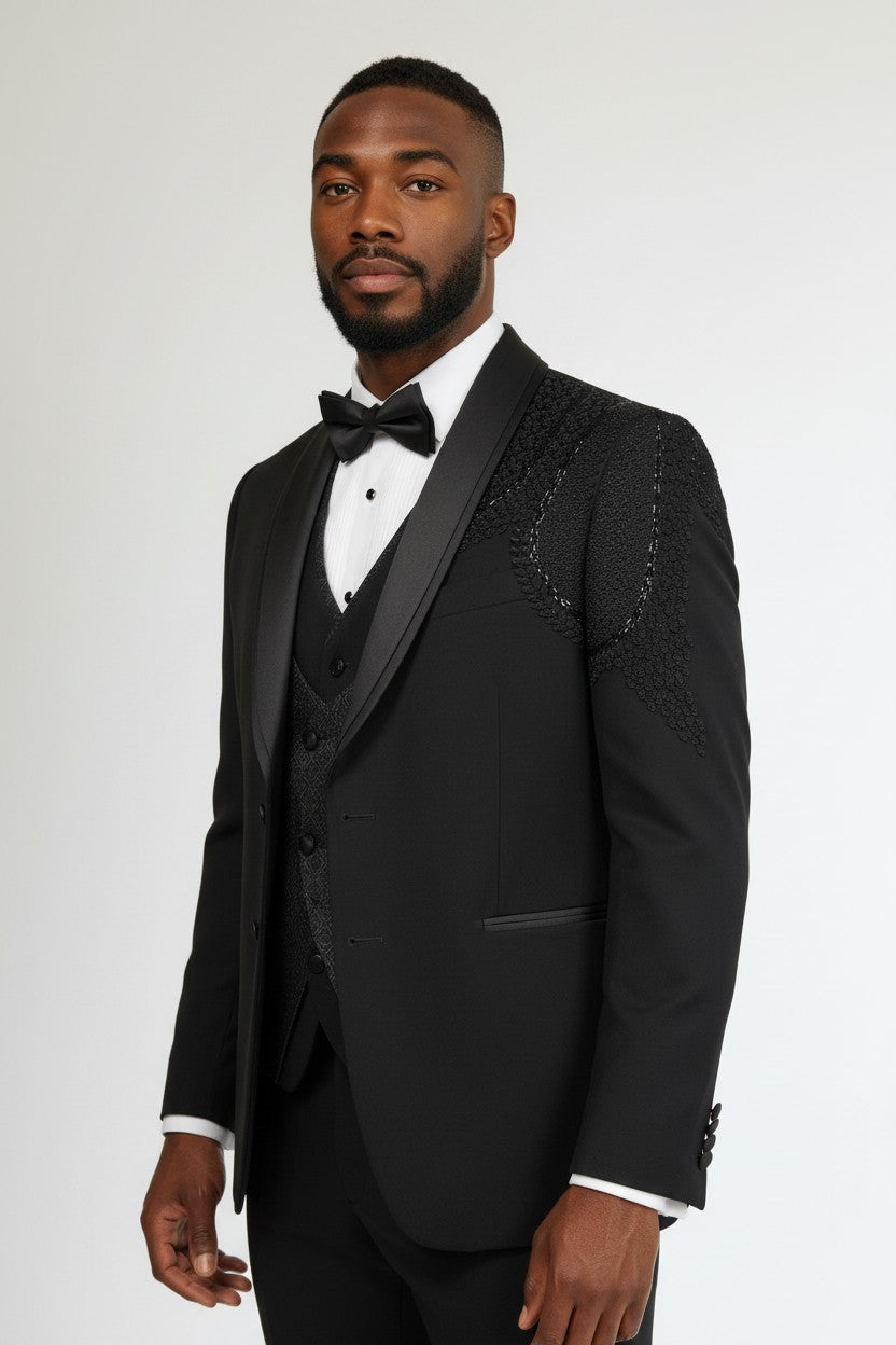 Men’s Black Embroidered Shoulder Tuxedo – Luxury 3-Piece Designer Suit