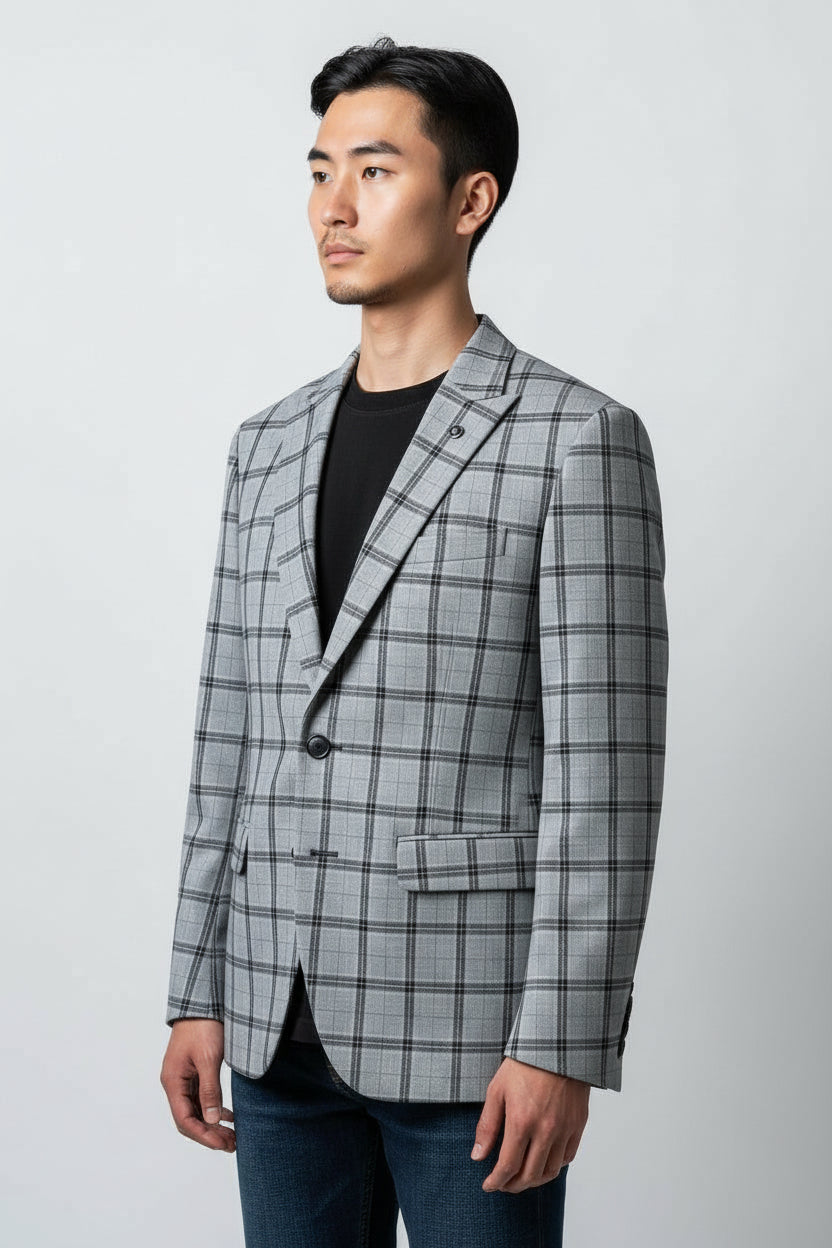 Men’s Light Grey Plaid Check Blazer – Modern Tailored Smart Casual