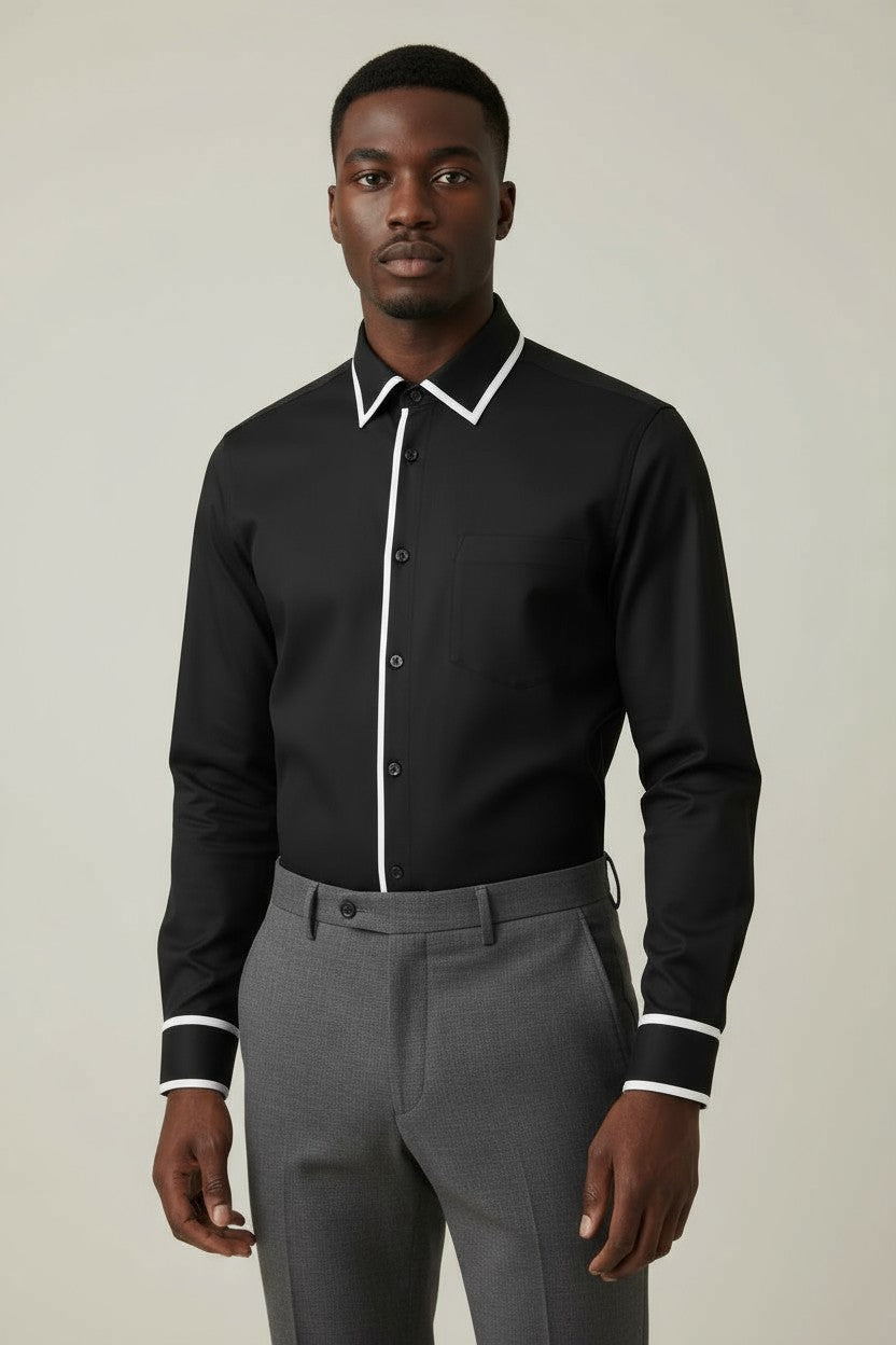 Men’s Black Dress Shirt with White Piping – Slim Fit Formal Shirt