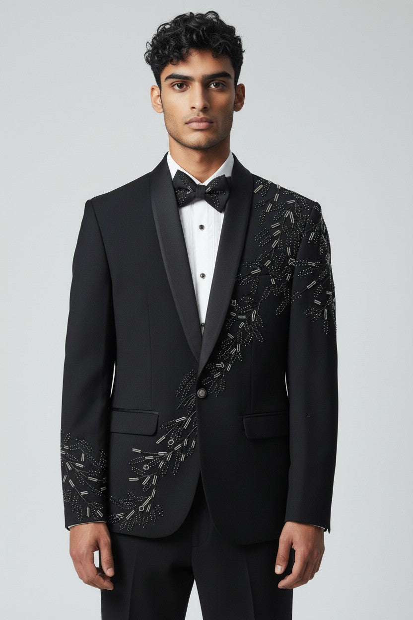 Black Luxury Asymmetric Embroidered Tuxedo Set