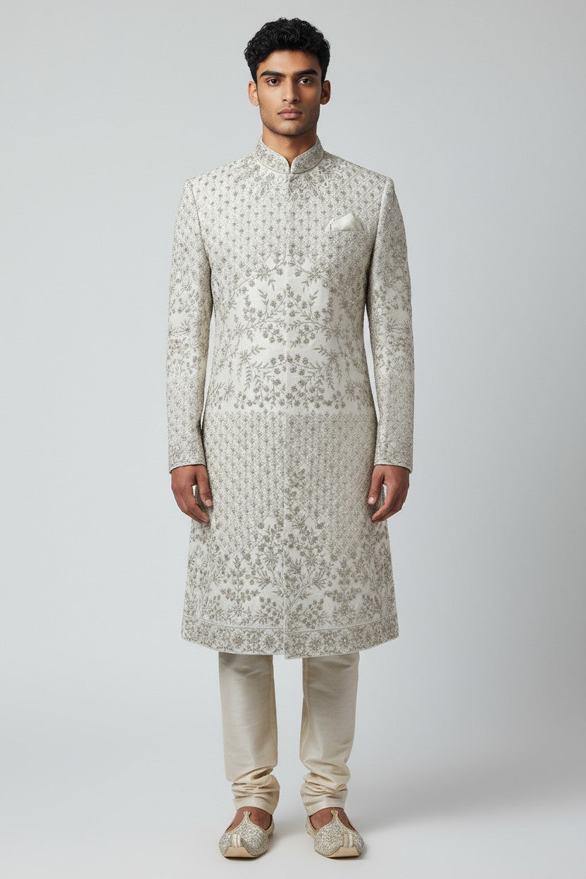 Ivory Floral Embroidered Sherwani for Men – Royal Handcrafted Wedding Wear