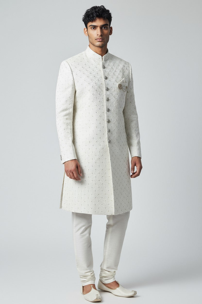 Ivory Embroidered Sherwani for Men – Regal Handcrafted Wedding Outfit