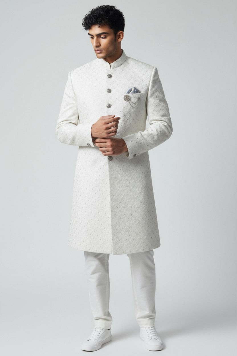 Ivory Embroidered Sherwani for Men – Regal Handcrafted Wedding Outfit