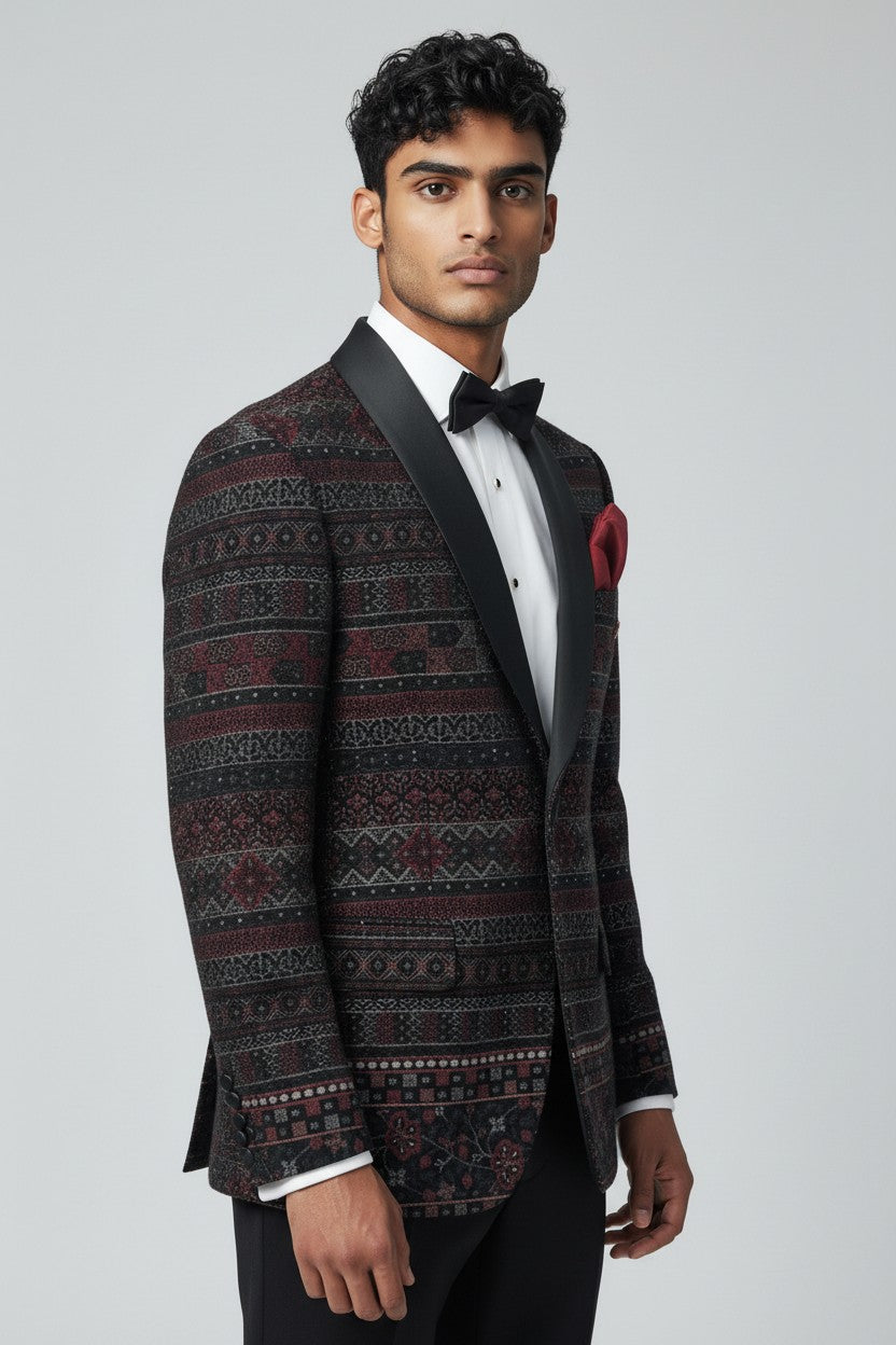 Burgundy & Black Luxury Jacquard Tuxedo Set