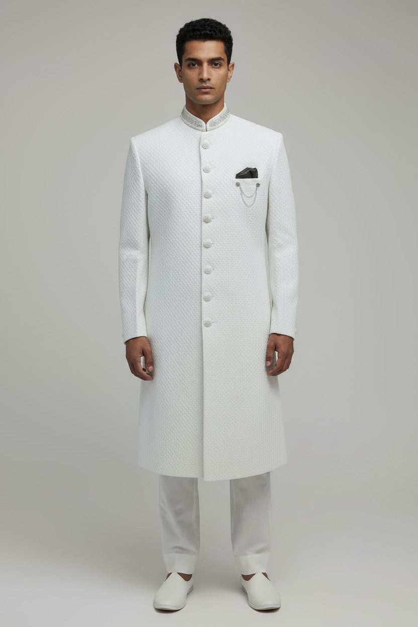 White Textured Sherwani for Men – Classic Handcrafted Wedding Attire