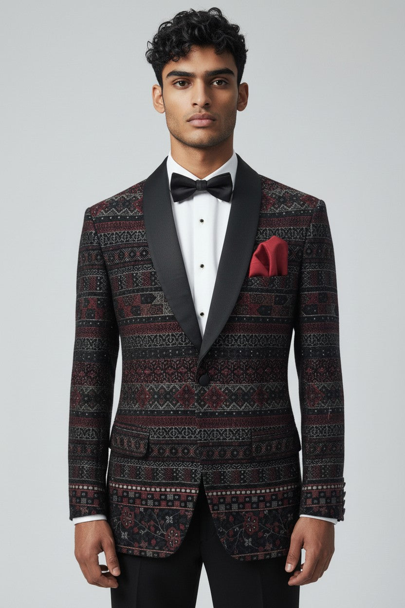 Burgundy & Black Luxury Jacquard Tuxedo Set