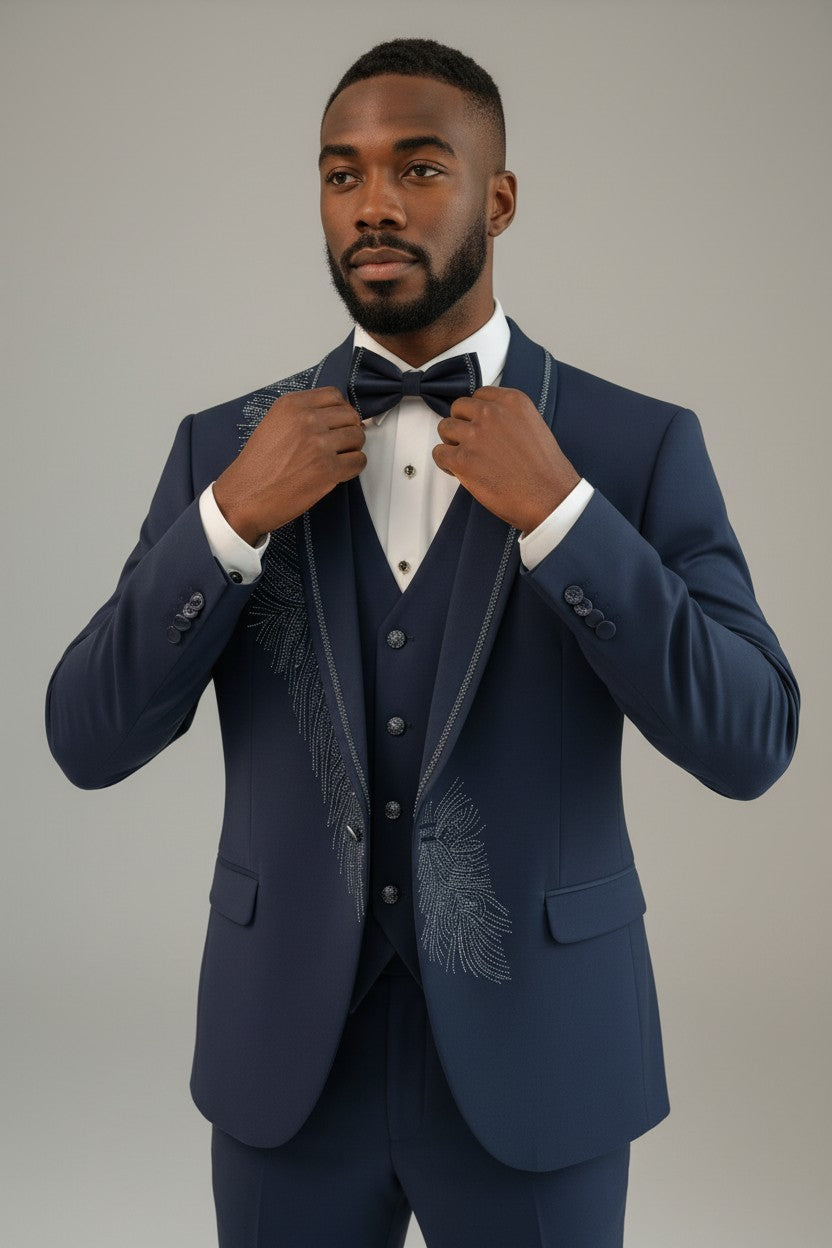 Navy Blue Luxury Peacock Embroidered 3-Piece Tuxedo Set