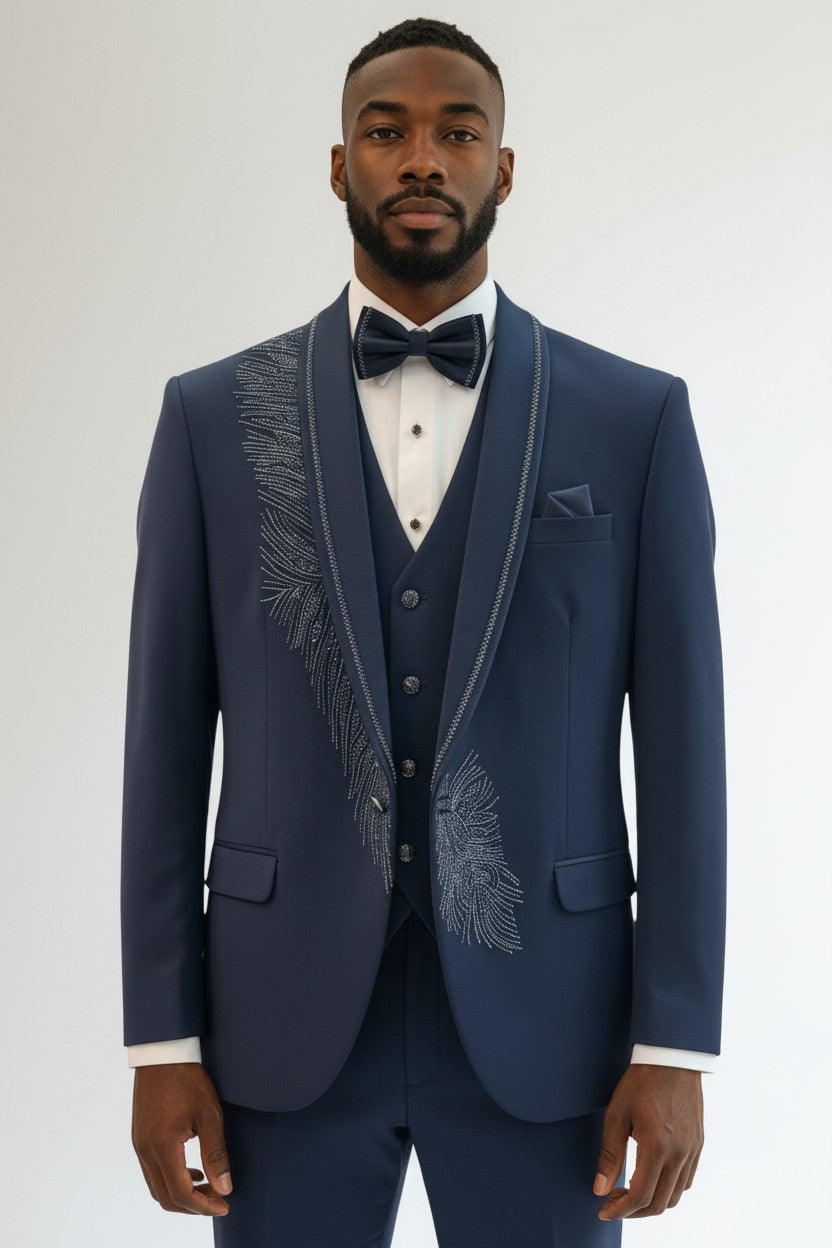 Navy Blue Luxury Peacock Embroidered 3-Piece Tuxedo Set