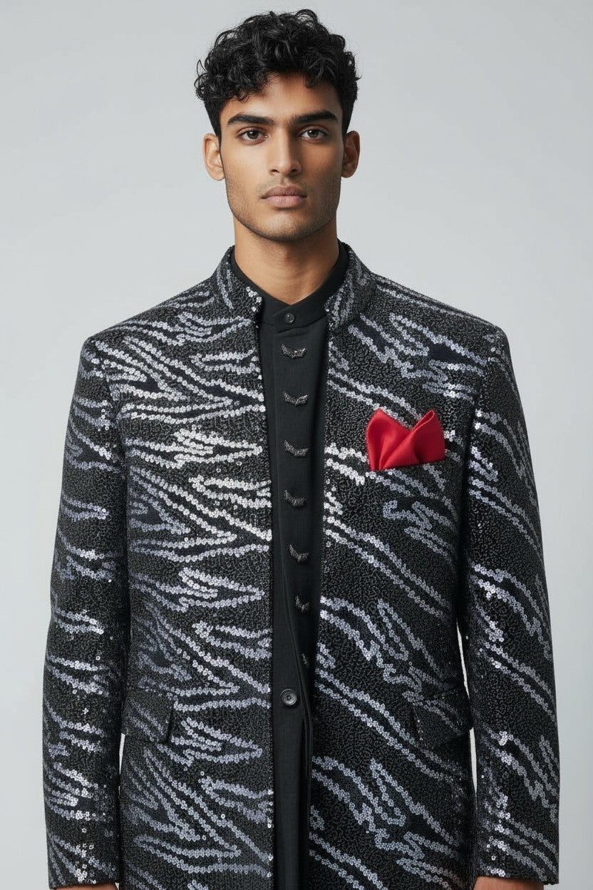 Black Sequin Pattern Indo-Western Jacket Set for Men