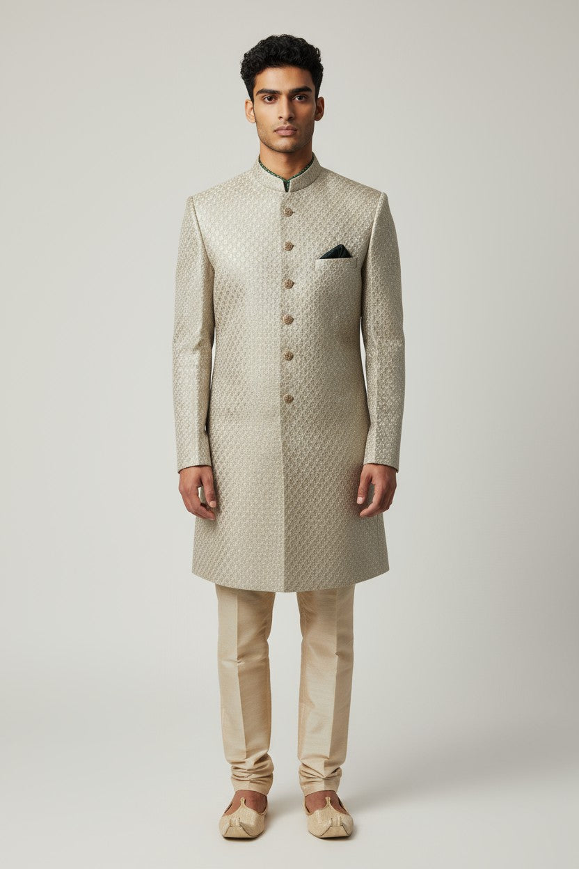 Champagne Beige Jacquard Sherwani for Men – Classic Wedding Ensemble