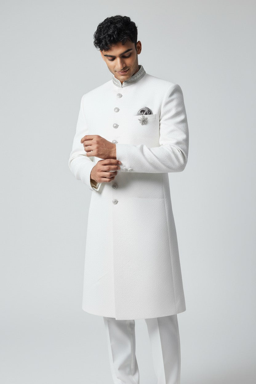 White Textured Sherwani for Men – Elegant Indo-Western Wedding Attire