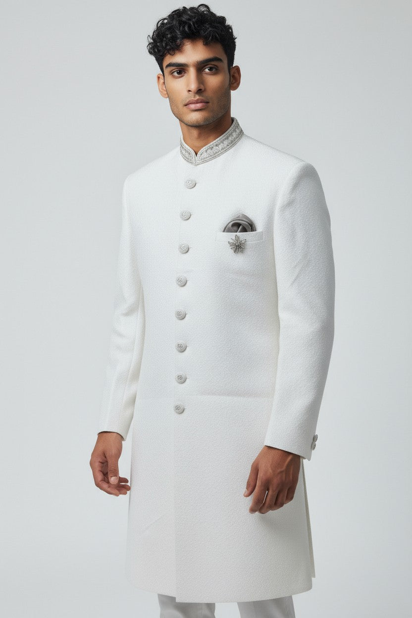 White Textured Sherwani for Men – Elegant Indo-Western Wedding Attire