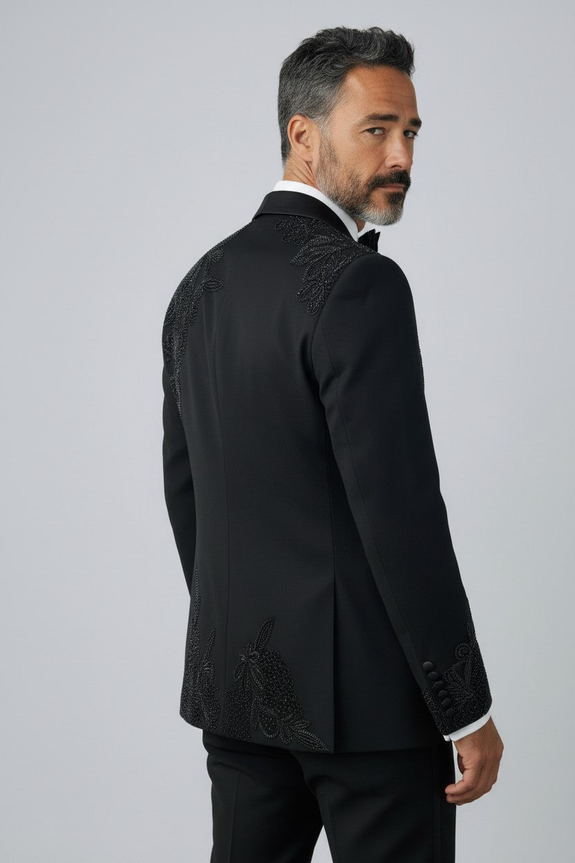 Black Luxury Tonal Floral Embroidered 5-Piece Tuxedo Set