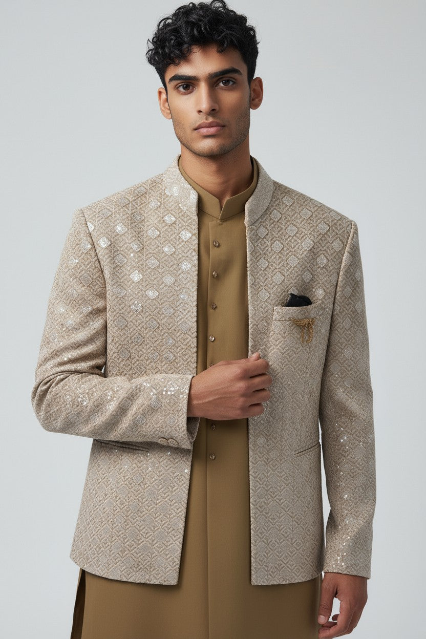 Beige Textured Indo-Western Jacket Set for Men