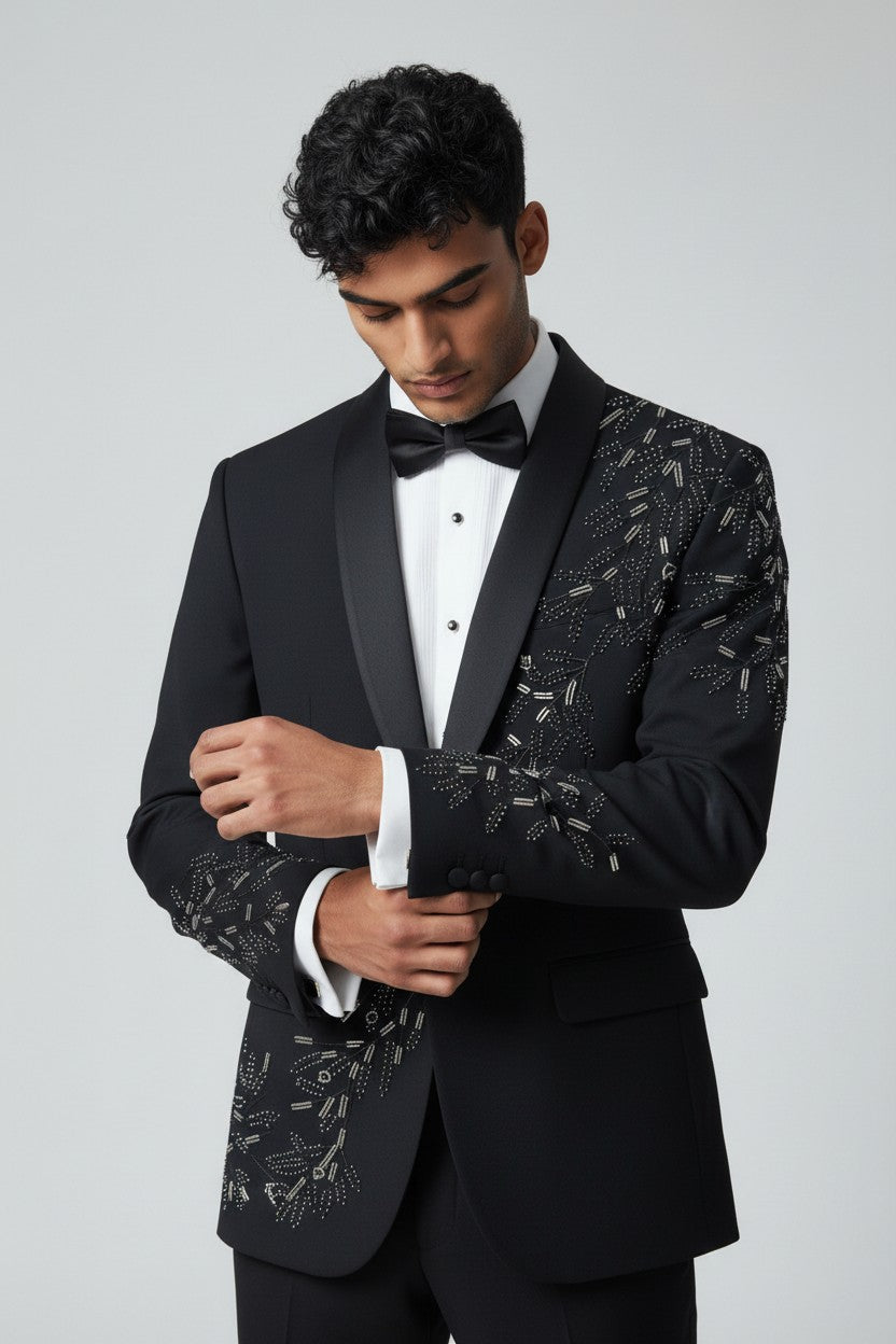 Black Luxury Asymmetric Embroidered Tuxedo Set